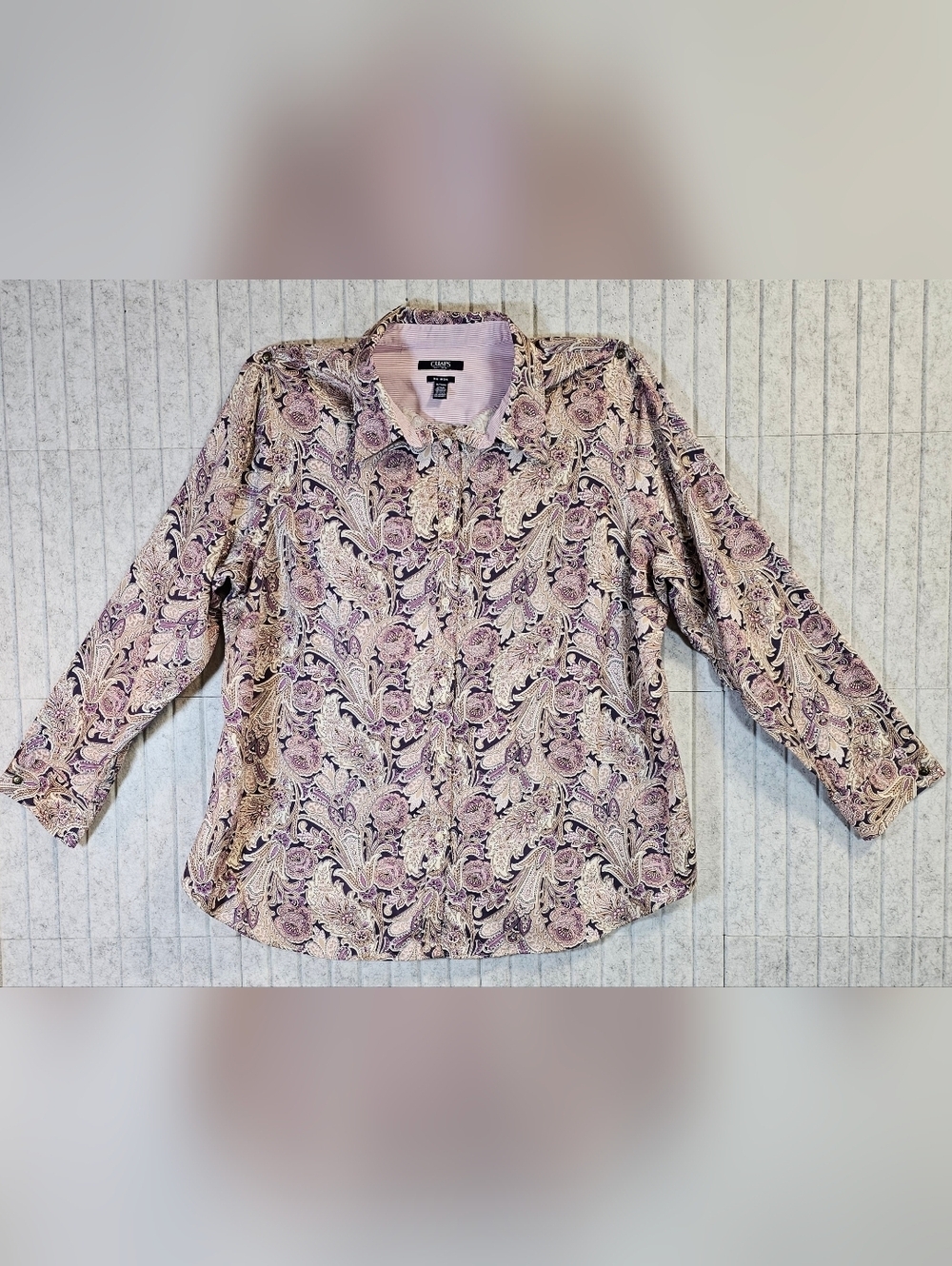 Chaps Paisley Button Down Shirt Women’s 1X No Iron Long Sleeve Purple Tan - Picture 2 of 3